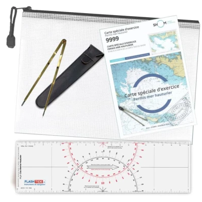 Pack officiel permis plaisance hauturier - Règle Cras bicolore + Compas Laiton + Carte SHOM 9999 + Pochette de Rangement - FlashTide
