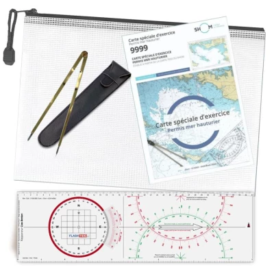 Pack permis plaisance hauturier Performance - Règle Cras/Rapporteur Breton + Compas Laiton + Carte SHOM 9999 + Pochette de Rangement - Kit Officiel pour Candidat au Permis Mer Hauturier - FlashTide