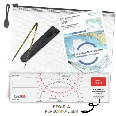 Pack officiel permis plaisance hauturier - Règle Cras bicolore + Compas Laiton + Carte SHOM 9999 + Pochette de Rangement - FlashTide